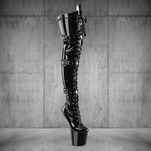 Pleaser Black Over the Knee Boots with Glossy Finish and Dramatic Silhouette